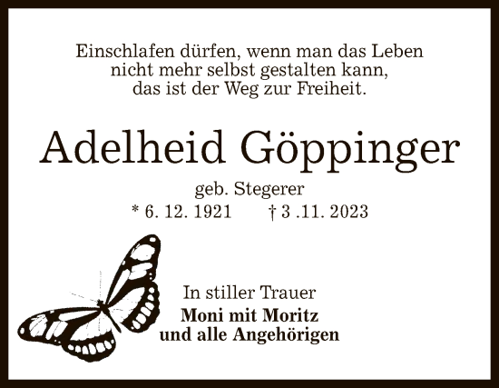 Anzeige von Adelheid Göppinger von Reutlinger General-Anzeiger