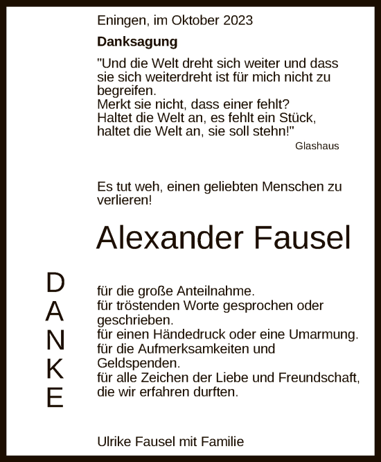 Anzeige von Alexander Fausel von Reutlinger General-Anzeiger