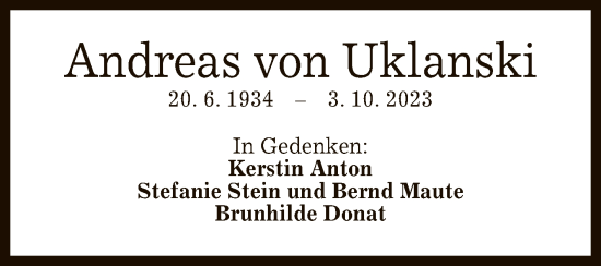 Anzeige von Andreas von Uklanski von Reutlinger General-Anzeiger