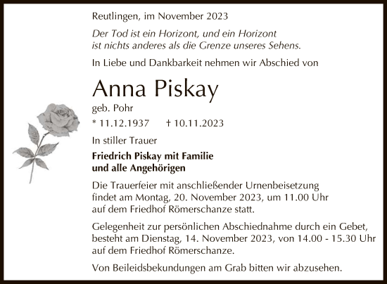 Anzeige von Anna Piskay von Reutlinger General-Anzeiger