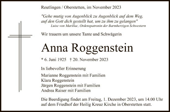 Anzeige von Anna Roggenstein von Reutlinger General-Anzeiger