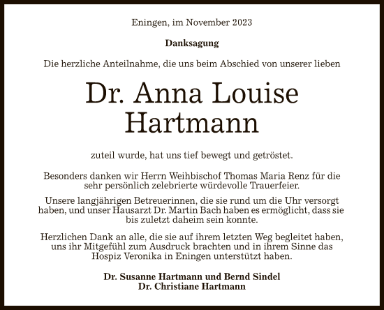 Anzeige von Anna Louise Hartmann von Reutlinger General-Anzeiger