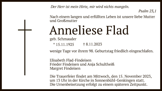 Anzeige von Anneliese Flad von Reutlinger General-Anzeiger