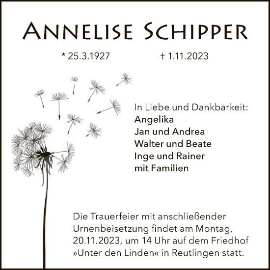 Anzeige von Annelise Schipper von Reutlinger General-Anzeiger