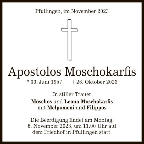Anzeige von Apostolos Moschokarfis von Reutlinger General-Anzeiger