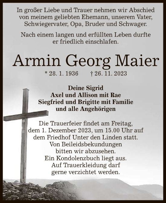 Anzeige von Armin Georg Maier von Reutlinger General-Anzeiger