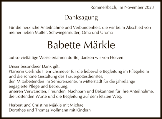 Anzeige von Babette Märkle von Reutlinger General-Anzeiger