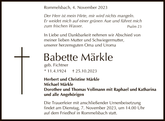 Anzeige von Babette Märkle von Reutlinger General-Anzeiger