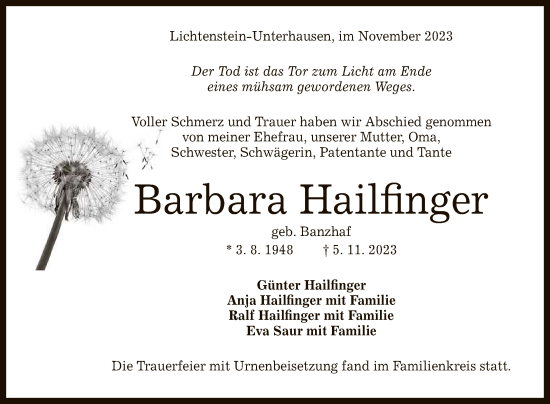 Anzeige von Barbara Hailfinger von Reutlinger General-Anzeiger