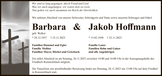 Anzeige von Barbara und Jakob Hoffmann von Reutlinger General-Anzeiger