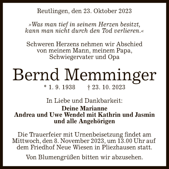 Anzeige von Bernd Memminger von Reutlinger General-Anzeiger