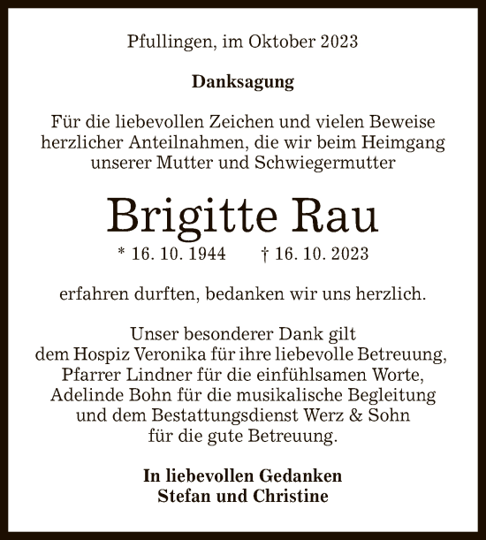 Anzeige von Brigitte Rau von Reutlinger General-Anzeiger