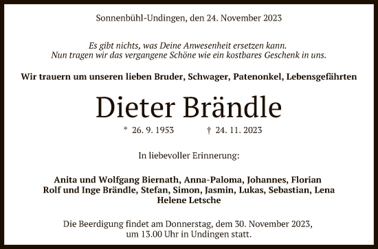 Anzeige von Dieter Brändle von Reutlinger General-Anzeiger
