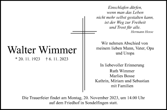 Anzeige von Walter Wimmer von Reutlinger General-Anzeiger