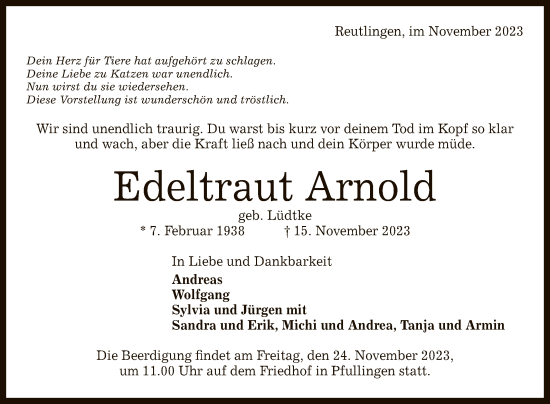 Anzeige von Edeltraut Arnold von Reutlinger General-Anzeiger