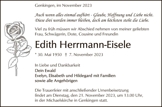 Anzeige von Edith Herrmann-Eisele von Reutlinger General-Anzeiger