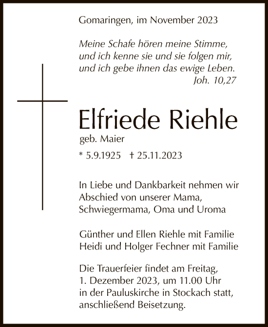 Anzeige von Elfriede Riehle von Reutlinger General-Anzeiger