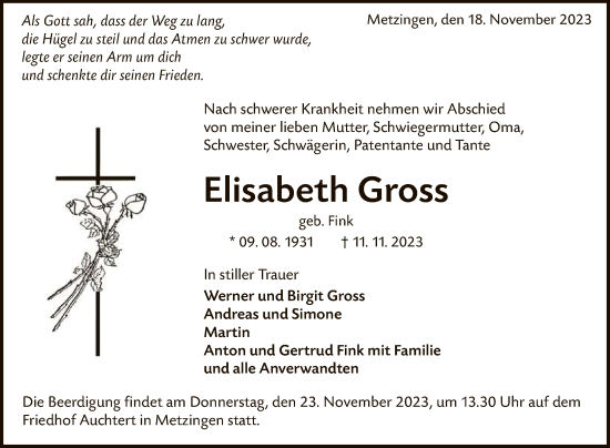 Anzeige von Elisabeth Gross von Reutlinger General-Anzeiger