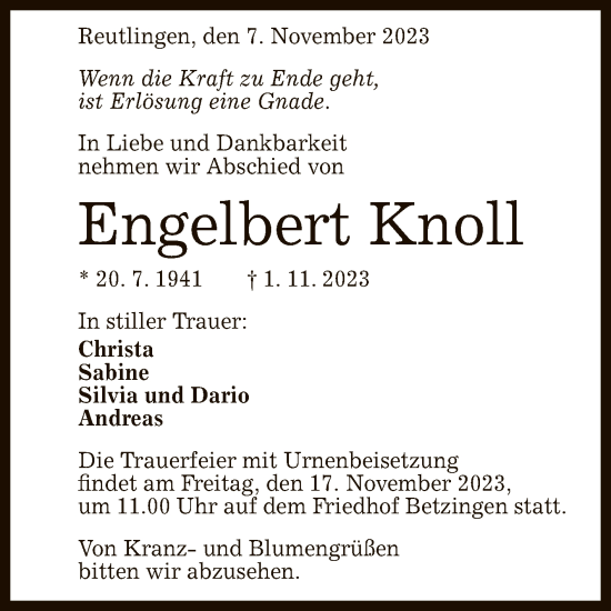 Anzeige von Engelbert Knoll von Reutlinger General-Anzeiger