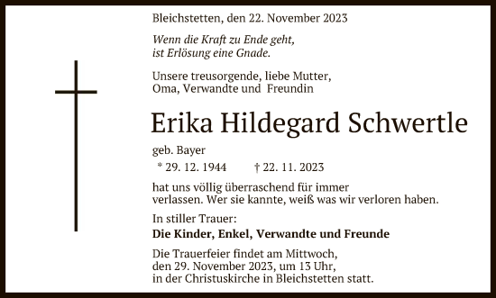 Anzeige von Erika Hildegard Schwertle von Reutlinger General-Anzeiger