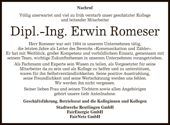 Anzeige von Erwin Romeser von Reutlinger General-Anzeiger