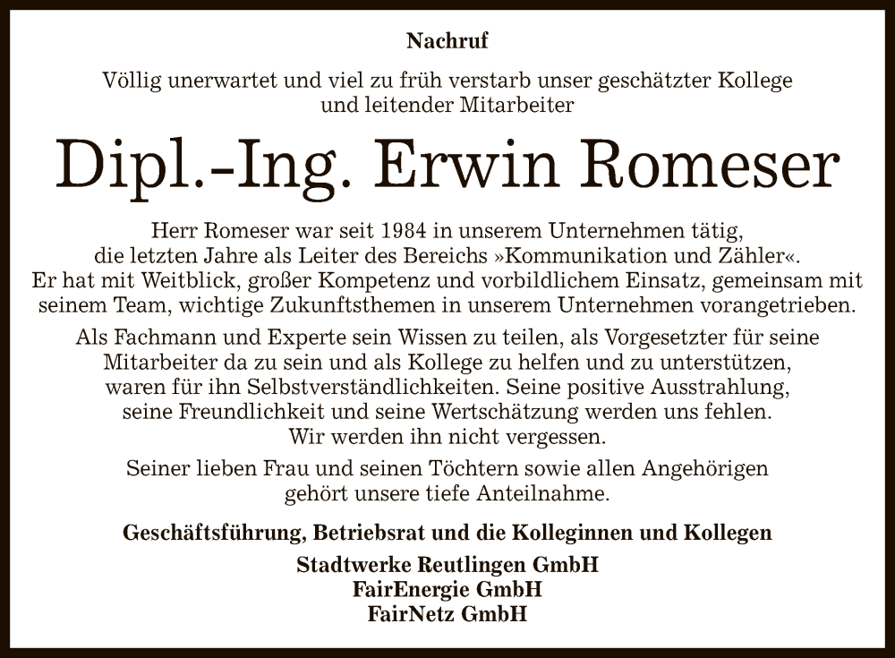  Traueranzeige für Erwin Romeser vom 23.11.2023 aus Reutlinger General-Anzeiger