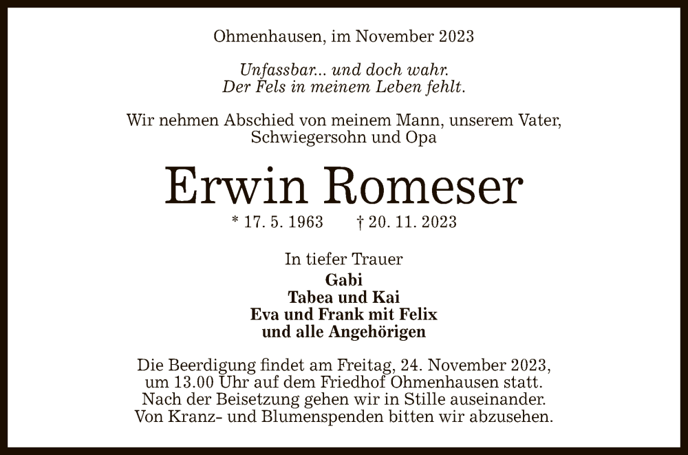  Traueranzeige für Erwin Romeser vom 22.11.2023 aus Reutlinger General-Anzeiger