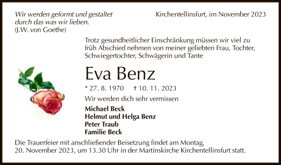 Anzeige von Eva Benz von Reutlinger General-Anzeiger