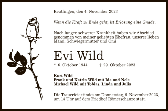Anzeige von Evi Wild von Reutlinger General-Anzeiger