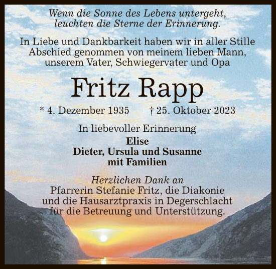 Anzeige von Fritz Rapp von Reutlinger General-Anzeiger