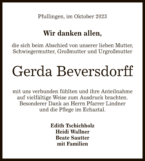 Anzeige von Gerda Beversdorff von Reutlinger General-Anzeiger