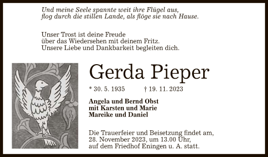 Anzeige von Gerda Pieper von Reutlinger General-Anzeiger