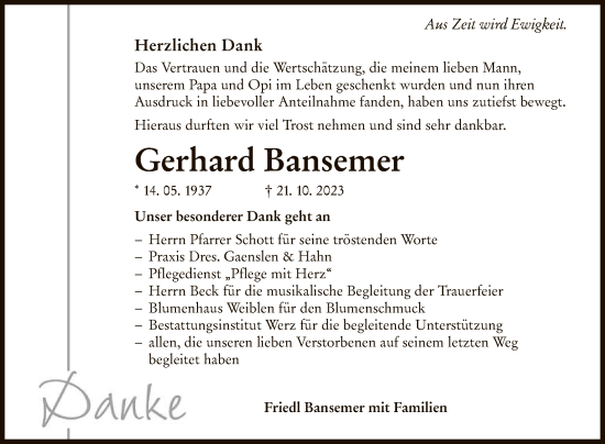 Anzeige von Gerhard Bansemer von Reutlinger General-Anzeiger