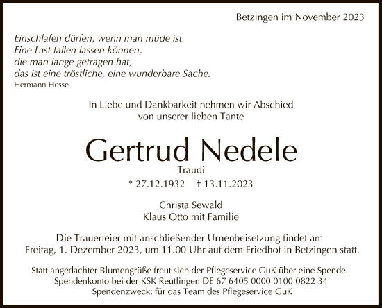 Anzeige von Gertrud Nedele von Reutlinger General-Anzeiger