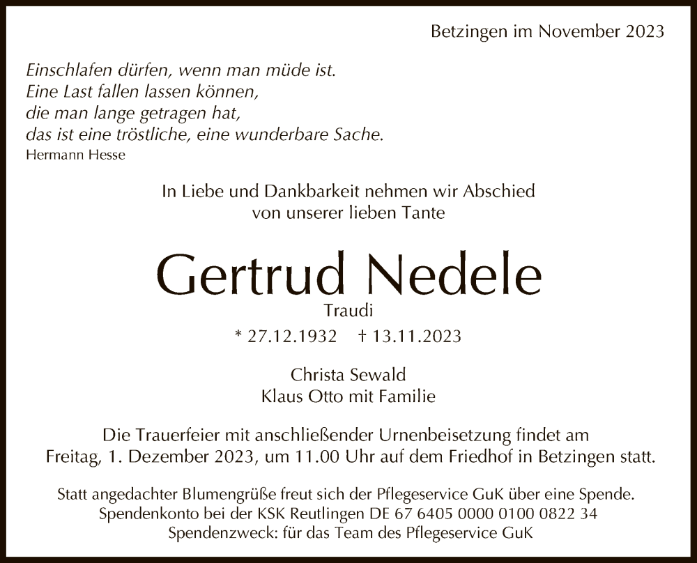  Traueranzeige für Gertrud Nedele vom 24.11.2023 aus Reutlinger General-Anzeiger