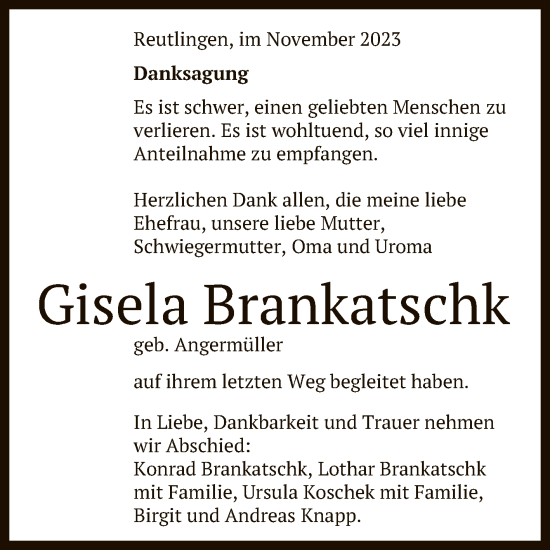 Anzeige von Gisela Brankatschk von Reutlinger General-Anzeiger
