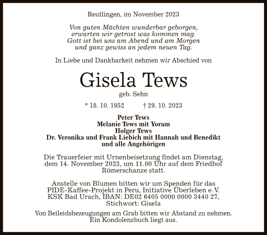 Anzeige von Gisela Tews von Reutlinger General-Anzeiger