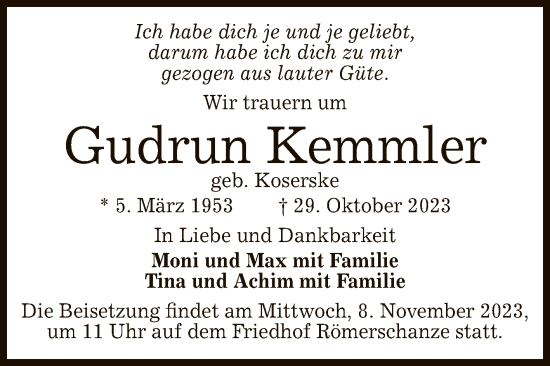 Anzeige von Gudrun Kemmler von Reutlinger General-Anzeiger