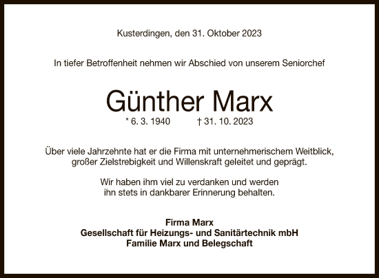 Anzeige von Günther Marx von Reutlinger General-Anzeiger