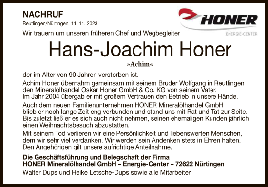 Anzeige von Hans-Joachim Honer von Reutlinger General-Anzeiger