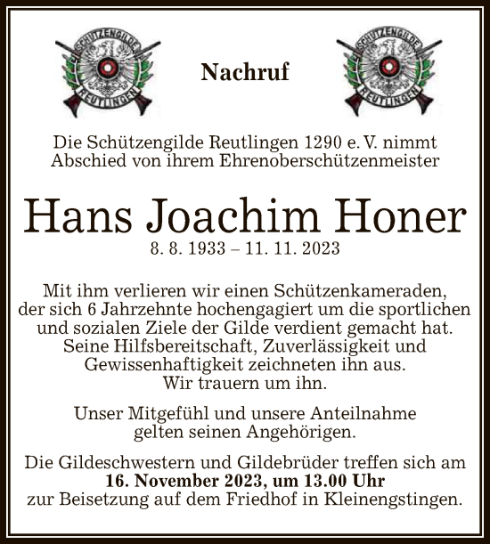 Anzeige von Hans-Joachim Honer von Reutlinger General-Anzeiger