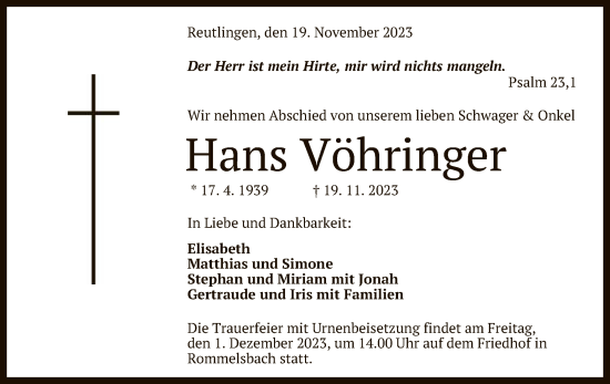 Anzeige von Hans Vöhringer von Reutlinger General-Anzeiger