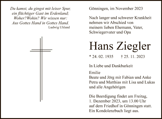 Anzeige von Hans Ziegler von Reutlinger General-Anzeiger