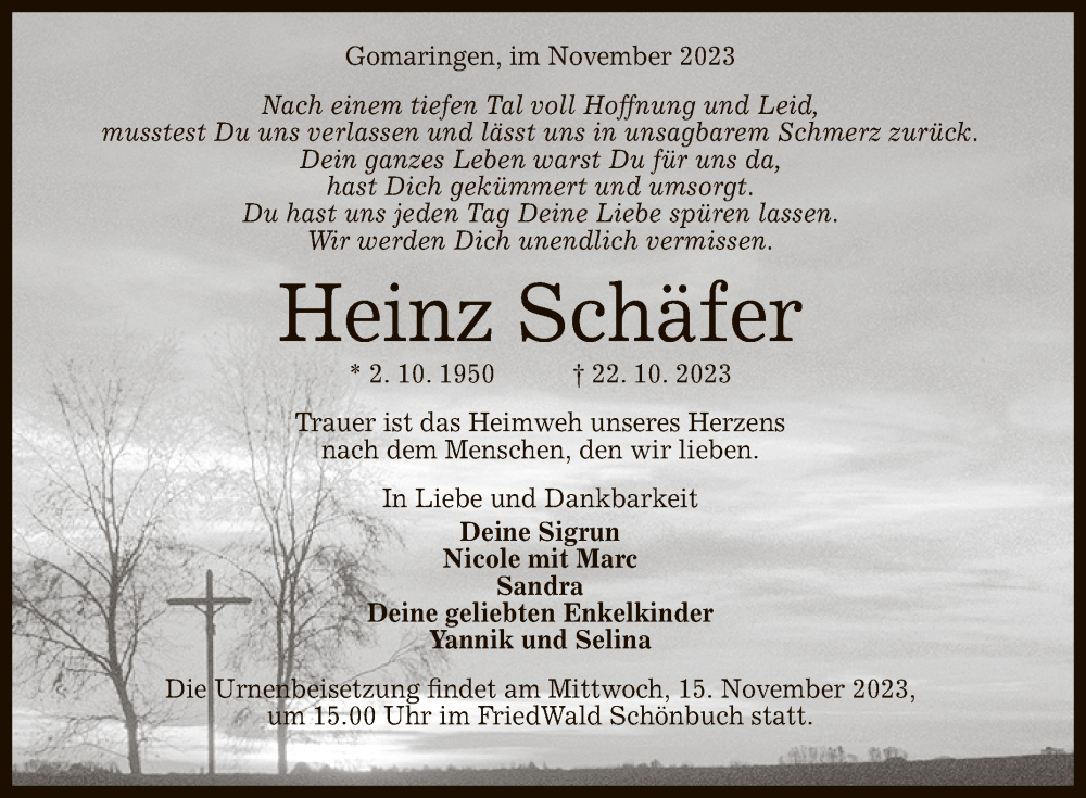  Traueranzeige für Heinz Schäfer vom 11.11.2023 aus Reutlinger General-Anzeiger
