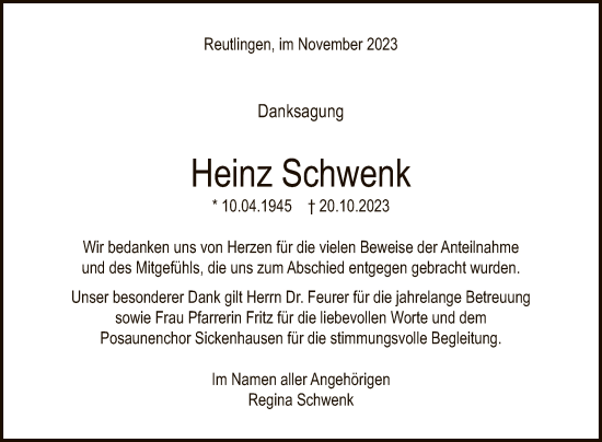 Anzeige von Heinz Schwenk von Reutlinger General-Anzeiger