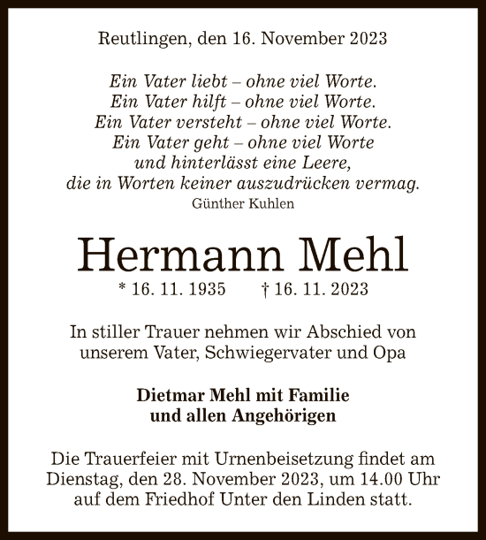 Anzeige von Hermann Mehl von Reutlinger General-Anzeiger