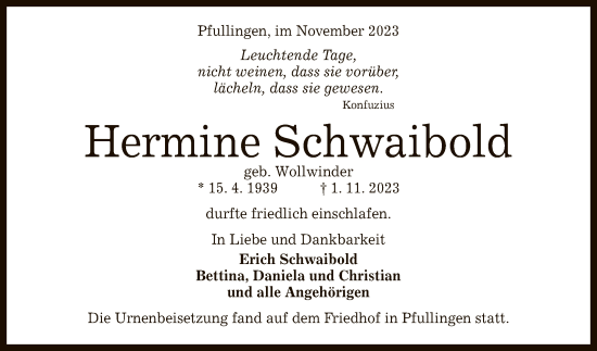 Anzeige von Hermine Schwaibold von Reutlinger General-Anzeiger