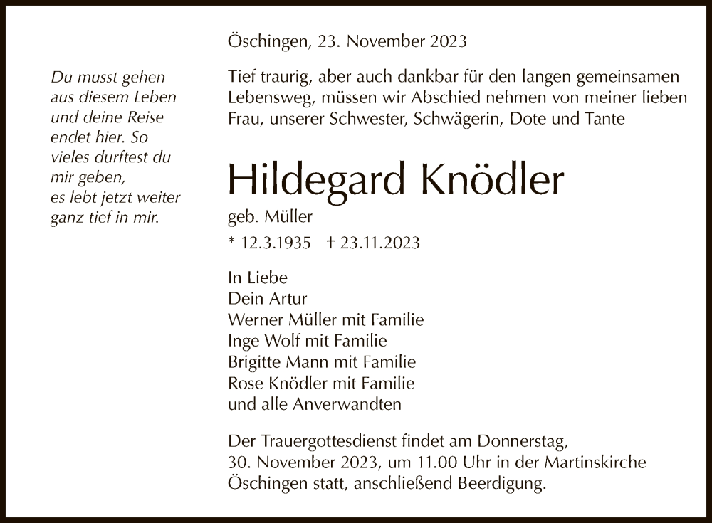  Traueranzeige für Hildegard Knödler vom 28.11.2023 aus Reutlinger General-Anzeiger