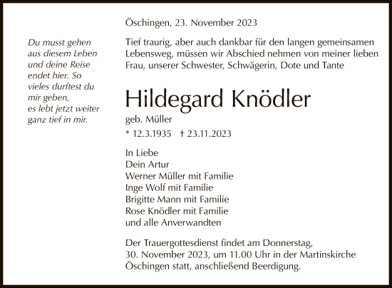 Anzeige von Hildegard Knödler von Reutlinger General-Anzeiger