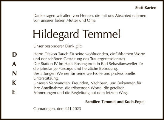 Anzeige von Hildegard Temmel von Reutlinger General-Anzeiger